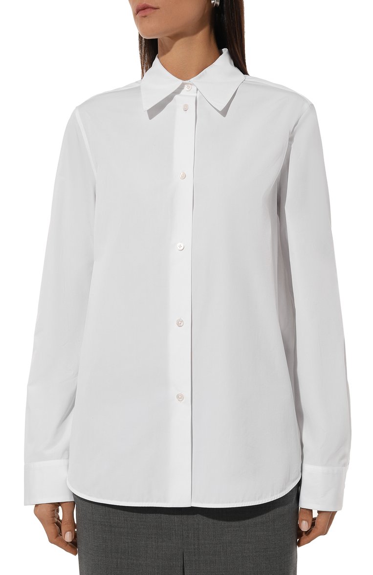 Женская хлопковая рубашка JIL SANDER белого цвета, арт. J04DL0003/J45001 | Фото 3 (Длина (для топов): Удлиненные; Рукава: Длинные; Материал внешний: Хлопок; Женское Кросс-КТ: Рубашка-одежда; Принт: Без принта; Материал сплава: Проставлено; Драгоценные камни: Проставлено; Стили: Классический)