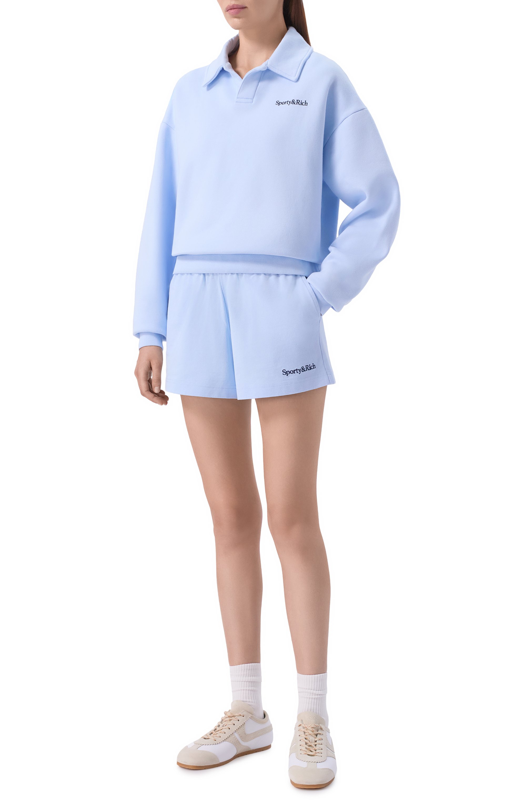 Хлопковые шорты SPORTY AND RICH голубого цвета по цене 17150 руб., арт. SH03775300BL90, фото 2 Хлопковые шорты SPORTY AND RICH, арт. SH03775300BL90, фото 2