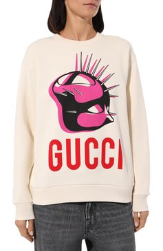 Женский хлопко�вый свитшот GUCCI кремвого цвета, арт. 469250 XJBUG | Фото 3 (Рукава: Длинные; Длина (для топов): Стандартные; Материал сплава: Проставлено; Материал внешний: Хлопок; Стили: Спорт-шик; Драгоценные камни: Проставлено; Женское Кросс-КТ: Свитшот-одежда)