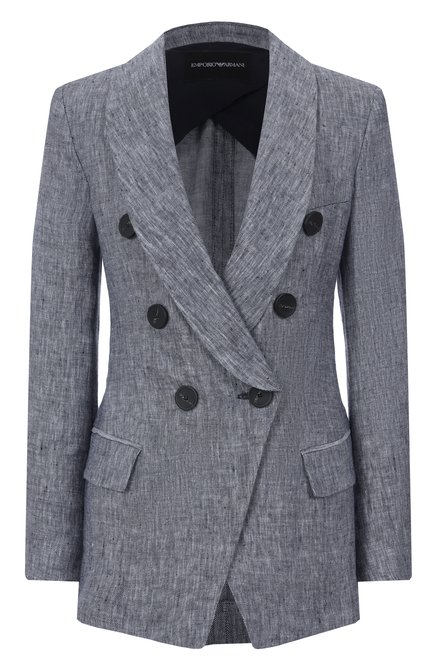 Женский льняной жакет EMPORIO ARMANI синего цвета, арт. EW001558/TE10381 | Фото 1 (Длина (для топов): Стандартные; Драгоценные камни: Проставлено; Материал сплава: Проставлено; Рукава: Длинные; Материал внешний: Лен)
