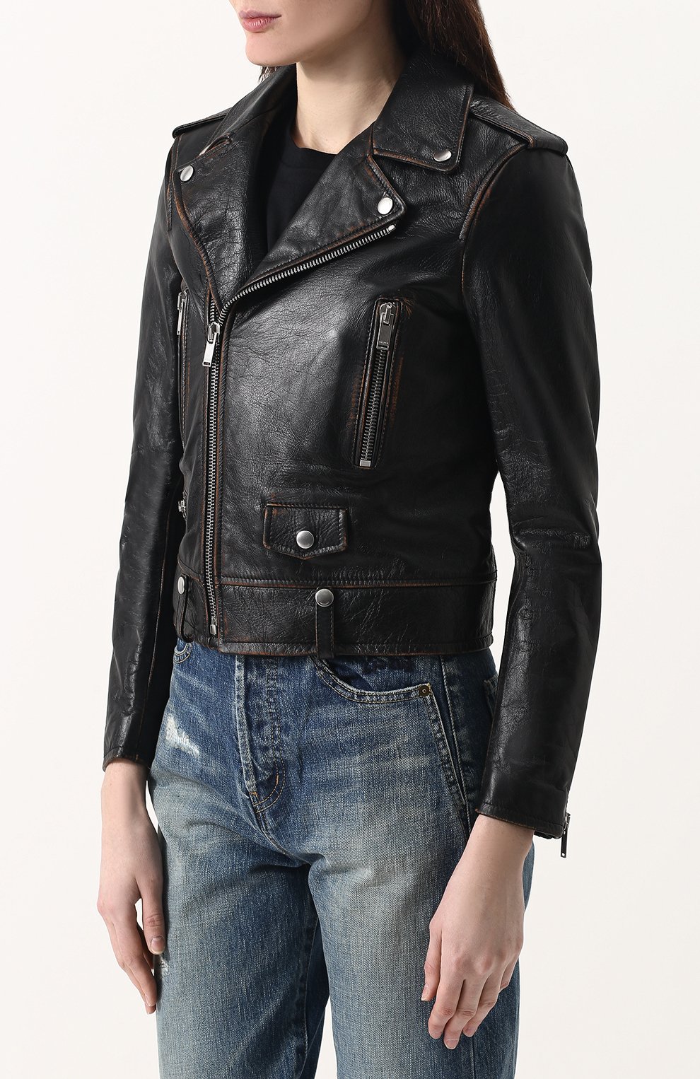 Однотонная кожаная куртка с косой молнией SAINT LAURENT, арт. 481862/Y5RD2, фото 3