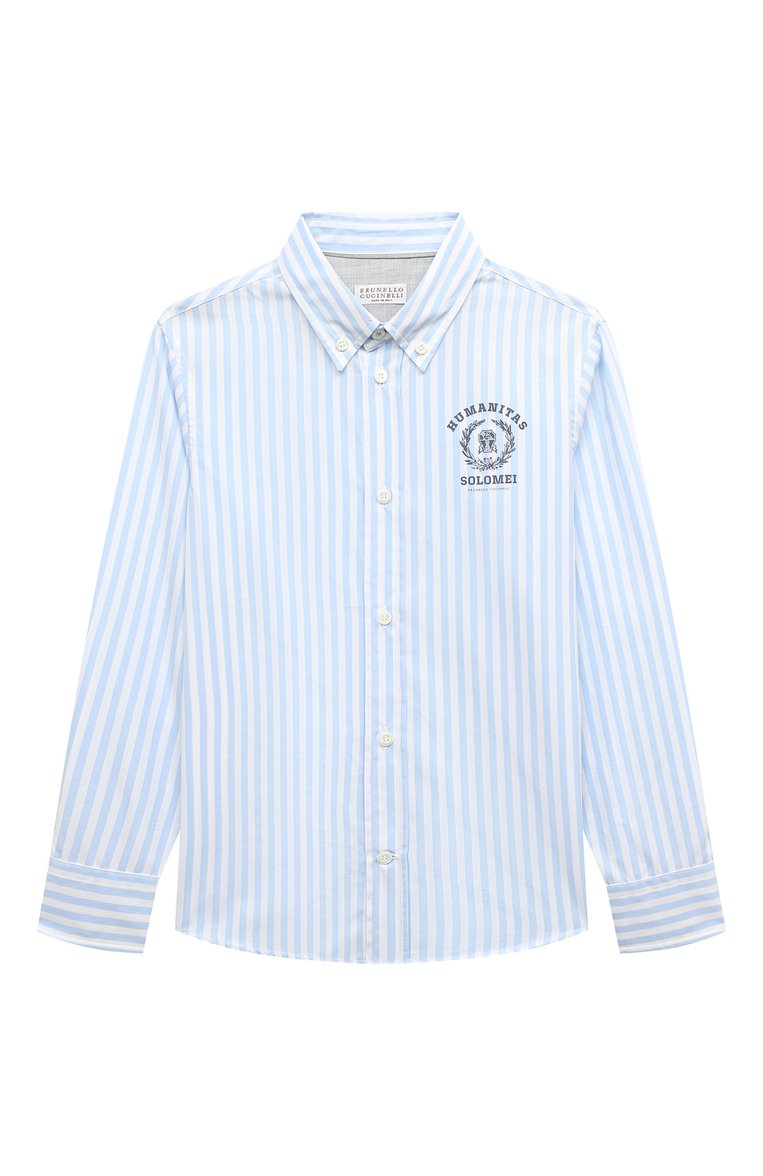 Детская хлопковая рубашка BRUNELLO CUCINELLI голубого цвета, арт. BB681C304B | Фото 1 (Рукава: �Длинные; Материал внешний: Хлопок; Драгоценные камни: Проставлено; Материал сплава: Проставлено)