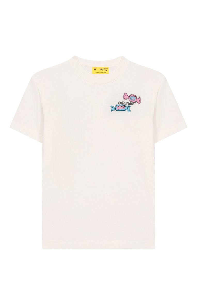 Детская хлопковая футболка OFF-WHITE молочного цвета, арт. 0GAA001S25JER004/4-12 | Фото 1 (Автоматизация ТО: Проставлено; Автоматизация состава: Проставлено; Материал внешний: Хлопок; Рукава: Короткие; Девочки Кросс-КТ: Футболка-спорт, футболка-одежда; Ростовка одежда: 4 года | 104 см, 6 лет | 116 см, 8 лет | 128 см, 10 - 11 лет | 140 - 146см, 12 лет | 152 см)