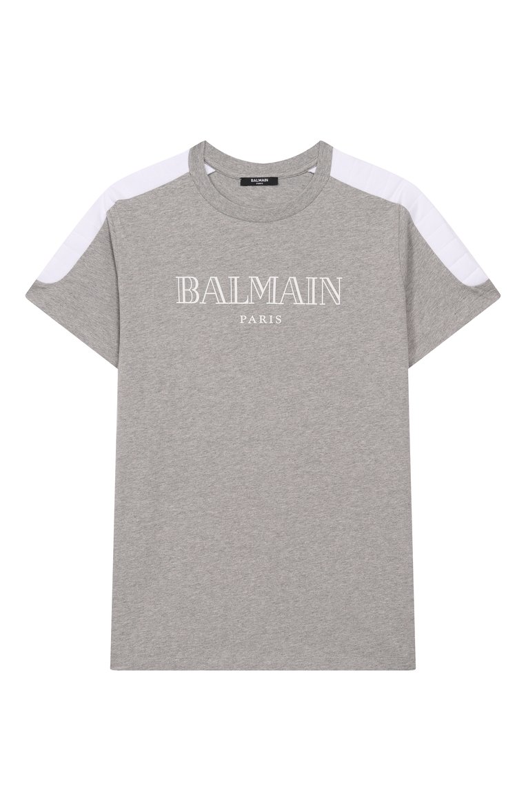 Детская хлопковая футболка BALMAIN серого цвета, арт. BW8Q71 | Фото 1 (Рукава: Короткие; Матери�ал внешний: Хлопок; Мальчики Кросс-КТ: Футболка-спорт, Футболка-одежда; Ростовка одежда: 6 лет | 116 см, 8 лет | 128 см, 10 - 11 лет | 140 - 146см, 12 лет | 152 см, 13 - 15 лет | 158 см, 16 лет | 164 см)