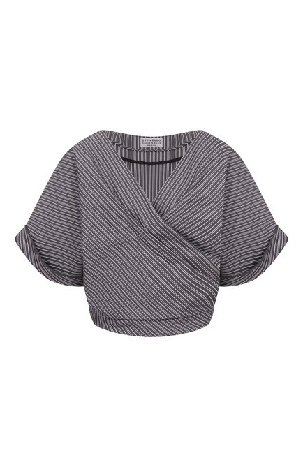 Женский хлопковый топ BRUNELLO CUCINELLI темно-синего цвета, арт. MH758FB206 | Фото 1 (Рукава: Короткие; Длина (для топов): Стандартные; Автоматизация состава: Проставлено; Автоматизация ТО: Проставлено; Материал внешний: Хлопок)