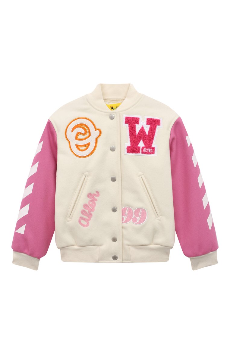 Детская шерстяной бомбер OFF-WHITE кремового цвета, арт. OGEH001F22FAB0010332 | Фото 1 (Материал внешний: Вискоза, Шерсть; Рукава: Длинные; Материал подклада: Синтетический материал; Кросс-КТ: бомбер; Ростовка одежда: 10 - 11 лет | 140 - 146см, 12 лет | 152 см, 6 лет | 116 см, 8 лет | 128 см)