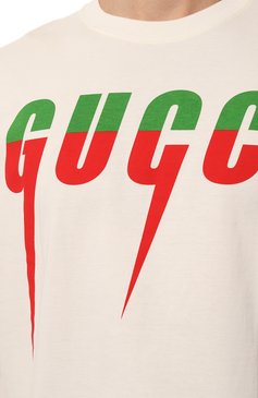 Мужская хлопковая футболка GUCCI кремвого цвета, арт. 565806 XJAZY | Фото 5 (Рукава: Короткие; Длина (для топов): Стандартные; Принт: С принтом; Материал сплава: Проставлено; Нос: Не проставлено; Материал внешний: Хлопок; Стили: Спорт-шик; Драгоценные камни: Проставлено)