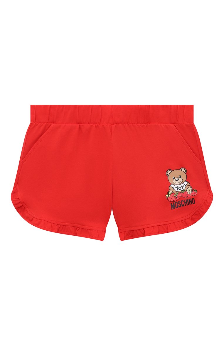 Детские хлопковые шорты MOSCHINO красного цвета, арт. HDQ00I/LBA00/10A-14A | Фото 1 (Материал внешний: Хлопок; Случай: Повседневный; Нос: Не проставлено; Ростовка одежда: 10 - 11 лет | 140 - 146см, 12 лет | 152 см, 13 - 15 лет | 158 см)
