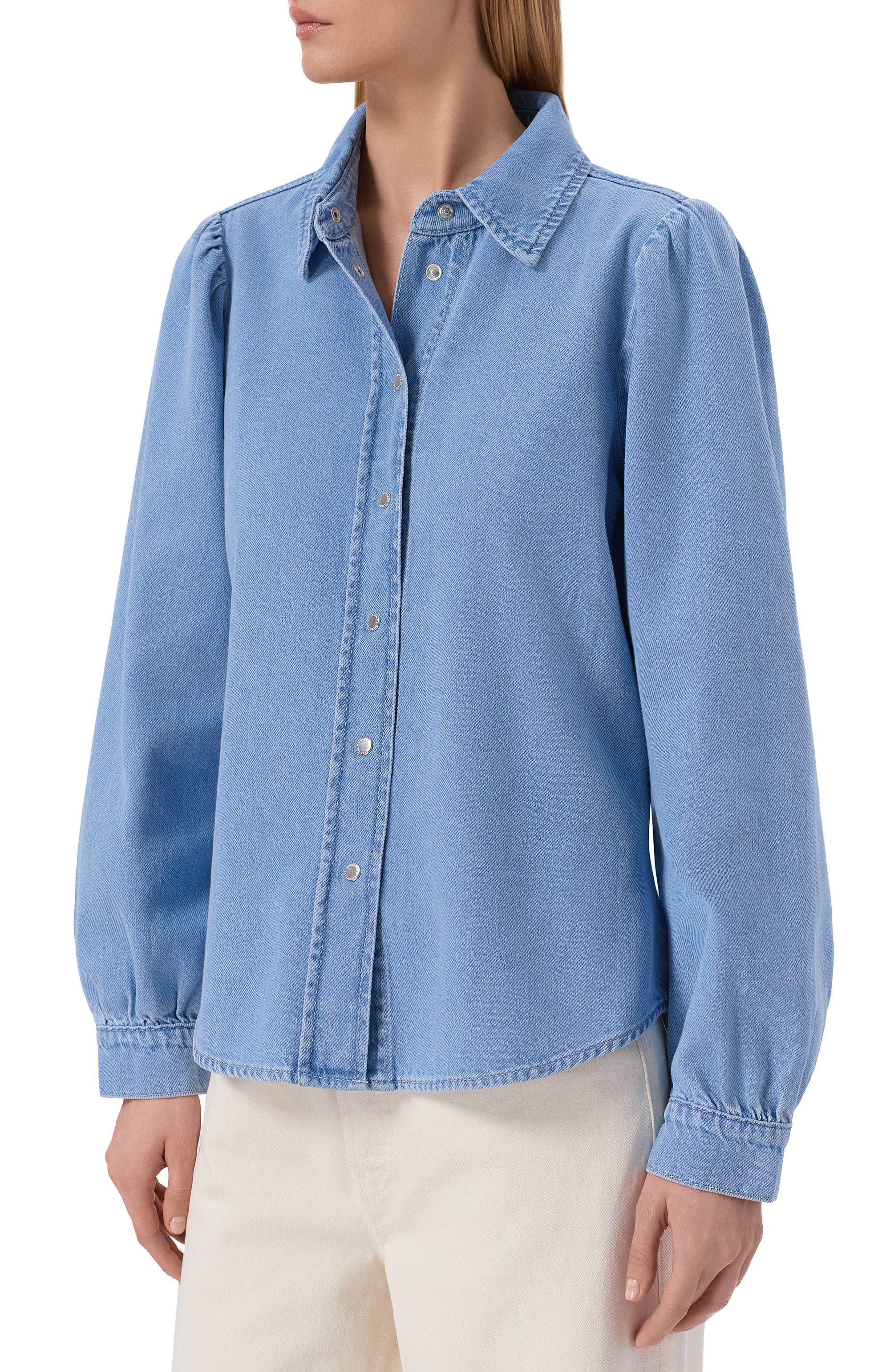 Джинсовая рубашка puff sleever 7 FOR ALL MANKIND голубого цвета по цене 29150 руб., арт. 7U7RTE38-1BA, фото 3 Джинсовая рубашка puff sleever 7 FOR ALL MANKIND, арт. 7U7RTE38-1BA, фото 3