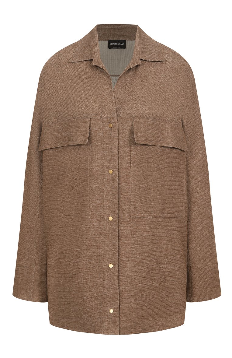Женская рубашка изо льна и вискозы GIORGIO ARMANI коричневого цвета, арт. GW000905/AF15060 | Фото 1 (Материал внешний: Лен, Вискоза; Длина (для топов): Стандартные; Автоматизация состава: Проставлено; Автоматизация ТО: Проставлено; Рукава: Длинные; Женское Кросс-КТ: Рубашка-одежда; Кросс-КТ: костюм; Принт: Без принта; Стили: Классический)