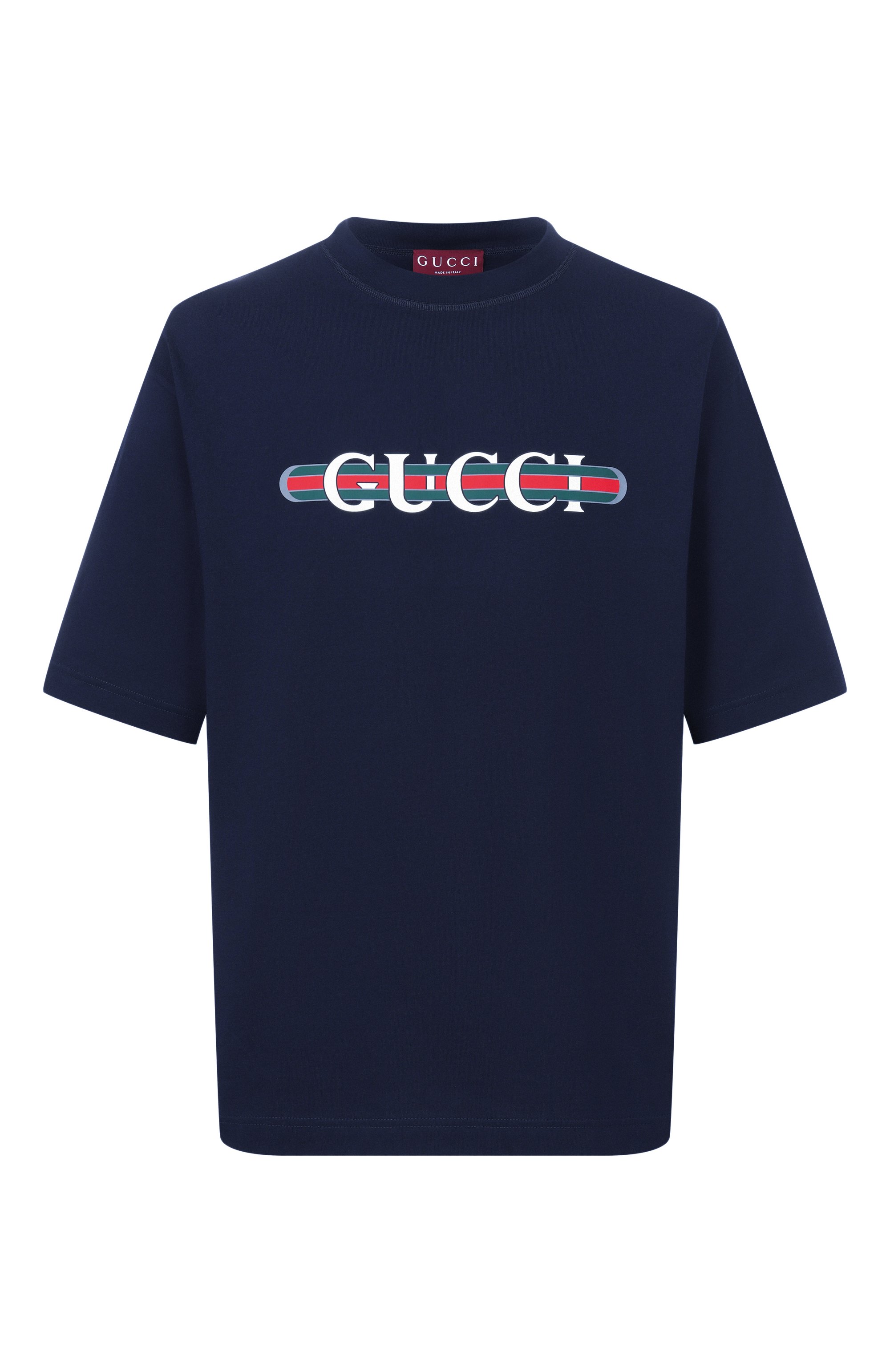 Хлопковая футболка GUCCI темно-синего цвета по цене 69450 руб., арт. 784361/XJGTE, фото 1 Хлопковая футболка GUCCI, арт. 784361/XJGTE, фото 1