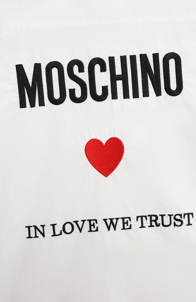 Детское хлопковая рубашка MOSCHINO белого цвета, арт. HDC01U/LLA10/10-14 | Фото 3 (Материал внешний: Хлопок; Рукава: Длинные; Стили: Классический; Девочки-школьная форма: Блузки; Автоматизация состава: Проставлено; Автоматизация ТО: Проставлено; Ростовка одежда: 10 - 11 лет | 140 - 146см, 12 лет | 152 см, 16 лет | 164 см)