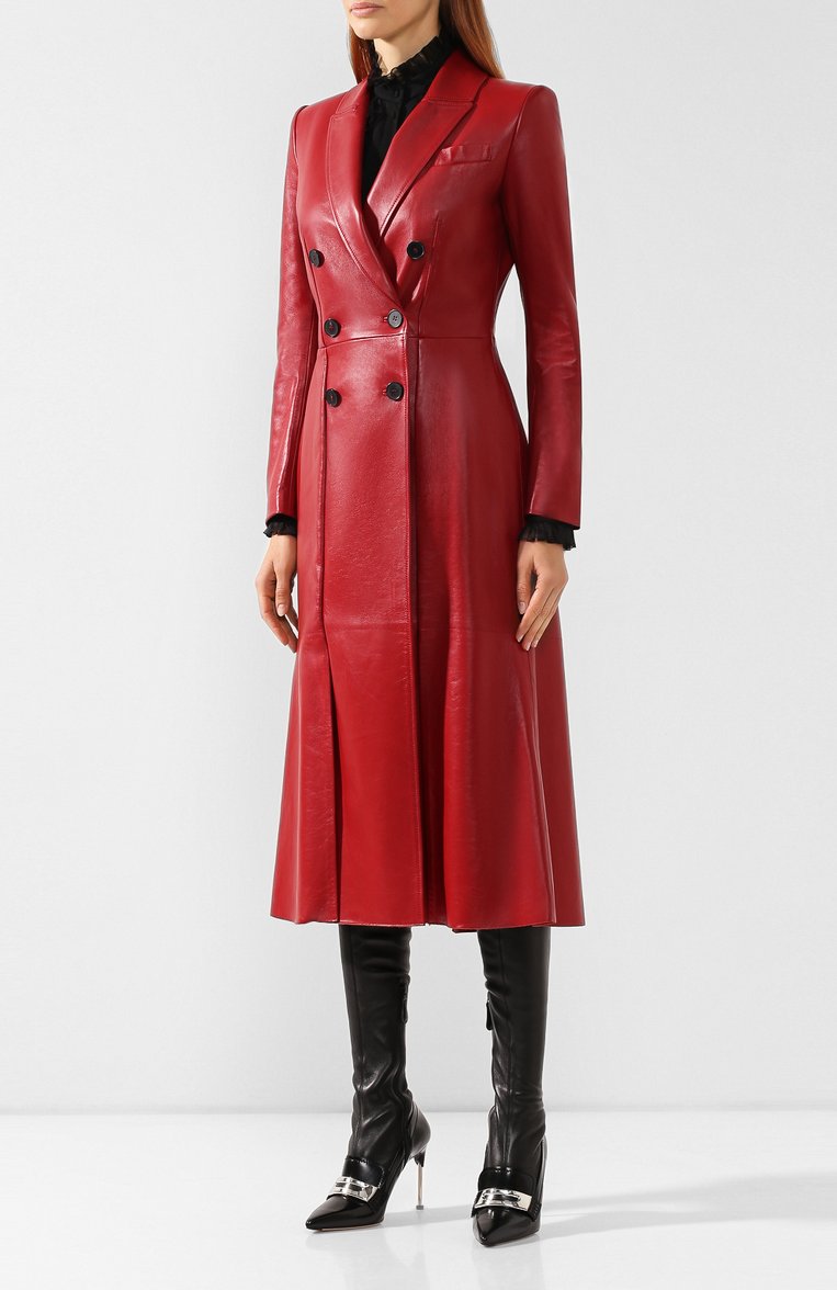 Женское кожаное пальто ALEXANDER MCQUEEN красного цвета, арт. 585005/Q5AA0 | Фото 3 (Рукава: Длинные; Материал подклада: Шелк; Женское Кросс-КТ: Замша и кожа; Длина (верхняя одежда): Длинные; Статус проверки: Проверена категория; 1-2-бортные: Двубортные; Материал внешний: Натуральная кожа; Ювелирные украшения: Назначено)