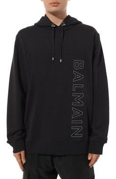 Мужской хлопковое худи BALMAIN темно-серого цвета, арт. BH0JT046BC22 | Фото 3 (Рукава: Длинные; Длина (для топов): Стандартные; Принт: С принтом; Мужское Кросс-КТ: Худи-одежда; Материал сплава: Проставлено; Материал внешний: Хлопок; Драгоценные камни: Проставлено; Стили: Кэжуэл)