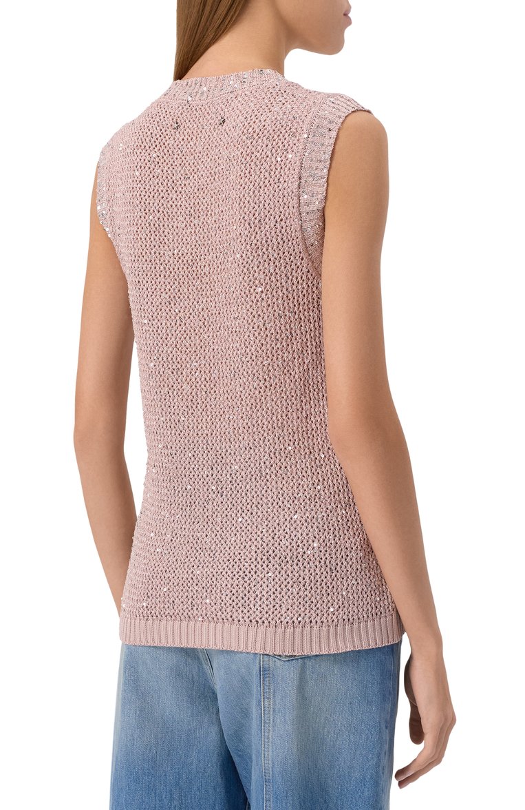 Женский топ с отделкой пайетками GOLDEN GOOSE DELUXE BRAND светло-розового цвета, арт. GWP01922.P001691 | Фото 4 (Материал внешний: Синтетический материал; Длина (для топов): Стандартные; Кросс-КТ: Трикотаж; Рукава: Без рукавов; Стили: Гламурный)