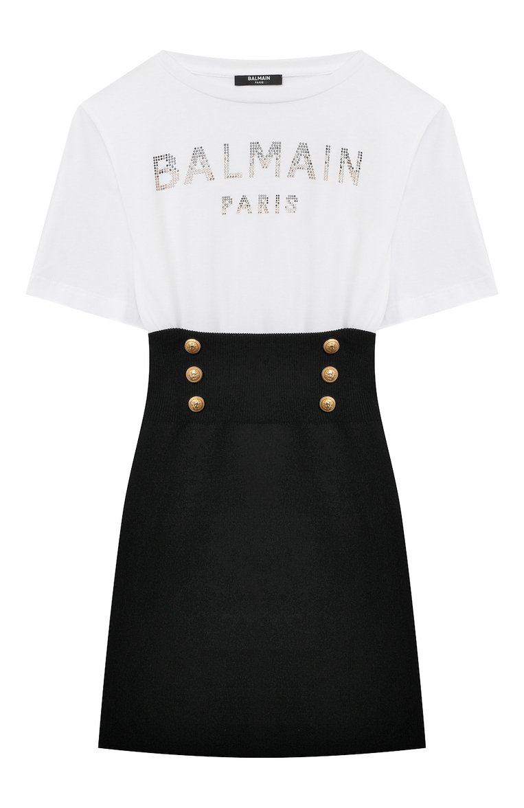 Детское хлопковое платье BALMAIN черно-белого цвета, арт. BT1D21 | Фото 1 (Материал внешний: Хлопок; Рукава: Короткие; Случай: Повседневный)