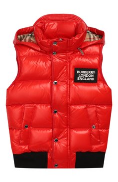 Детский пуховый жилет BURBERRY красного цвета, арт. 8025151 | Фото 1 (Девочки Кросс-КТ: Верхняя одежда; Материал внешний: Синтетический материал; Материал подклада: Синтетический материал; Рукава: Без рукавов; Материал утеплителя: Пух и перо)