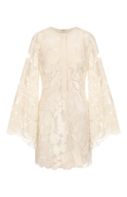 Женское платье ELIE SAAB кремового цвета, арт. D0525 | Фото 1 (Материал подклада: Шелк; Длина Ж (юбки, платья, шорты): Мини; Материал сплава: Проставлено; Рукава: Длинные; Материал внешний: Синтетический материал, Шелк; Драгоценные камни: Проставлено)