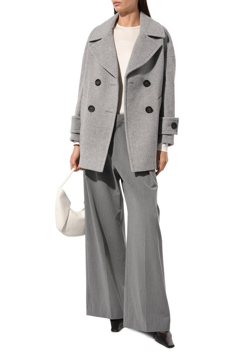 Женское пальто из шерсти и кашемира CINZIA ROCCA серого цвета, арт. UR28001/63D8 | Фото 2 (Рукава: Длинные; Материал подклада: Вискоза; Длина (верхняя одежда): До середины бедра; Материал внешний: Шерсть; Стили: Кэжуэл; 1-2-бортные: Двубортные)