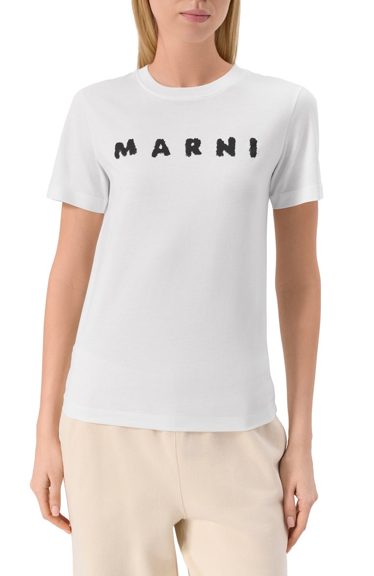 Женская хлопковая футболка MARNI белого цвета, арт. THJE0293P8/USCX42 | Фото 3 (Длина (для топов): Стандартные; Принт: С принтом; Стили: Кэжуэл; Материал внешний: Хлопок; Рукава: Короткие)