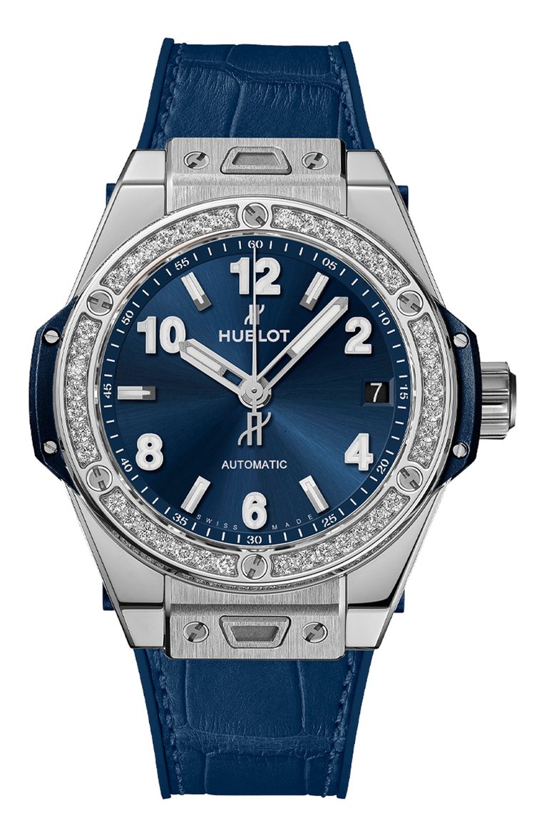 Женские часы one click steel blue diamonds HUBLOT бесцветного цвета, арт. 465.SX.7170.LR.1204 | Фото 1 (Нос: Не проставлено; Механизм: Автомат; Региональные ограничения белый список (Axapta Mercury): Не проставлено; Материал корпуса: Сталь; Цвет циферблата: Синий)