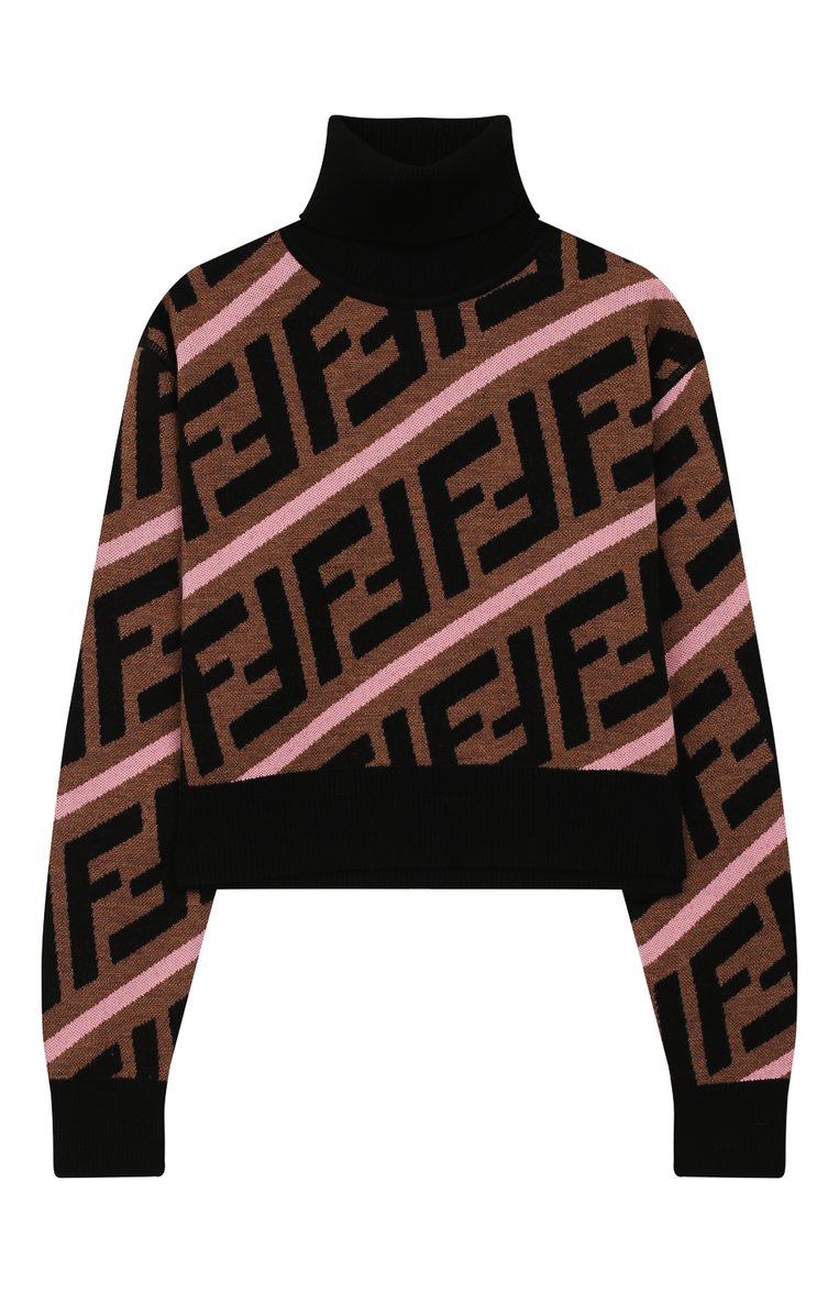 Детский укороченный свитер из шерсти FENDI коричневого цвета, арт. JFG051/A8L7/6A-8A | Фото 1 (Статус проверки: Проверена категория; Материал внешний: Шерсть; Рукава: Длинные; Принт: С принтом; Девочки Кросс-КТ: Свитер-одежда; Драгоценные камни: Проставлено; Материал сплава: Проставлено)