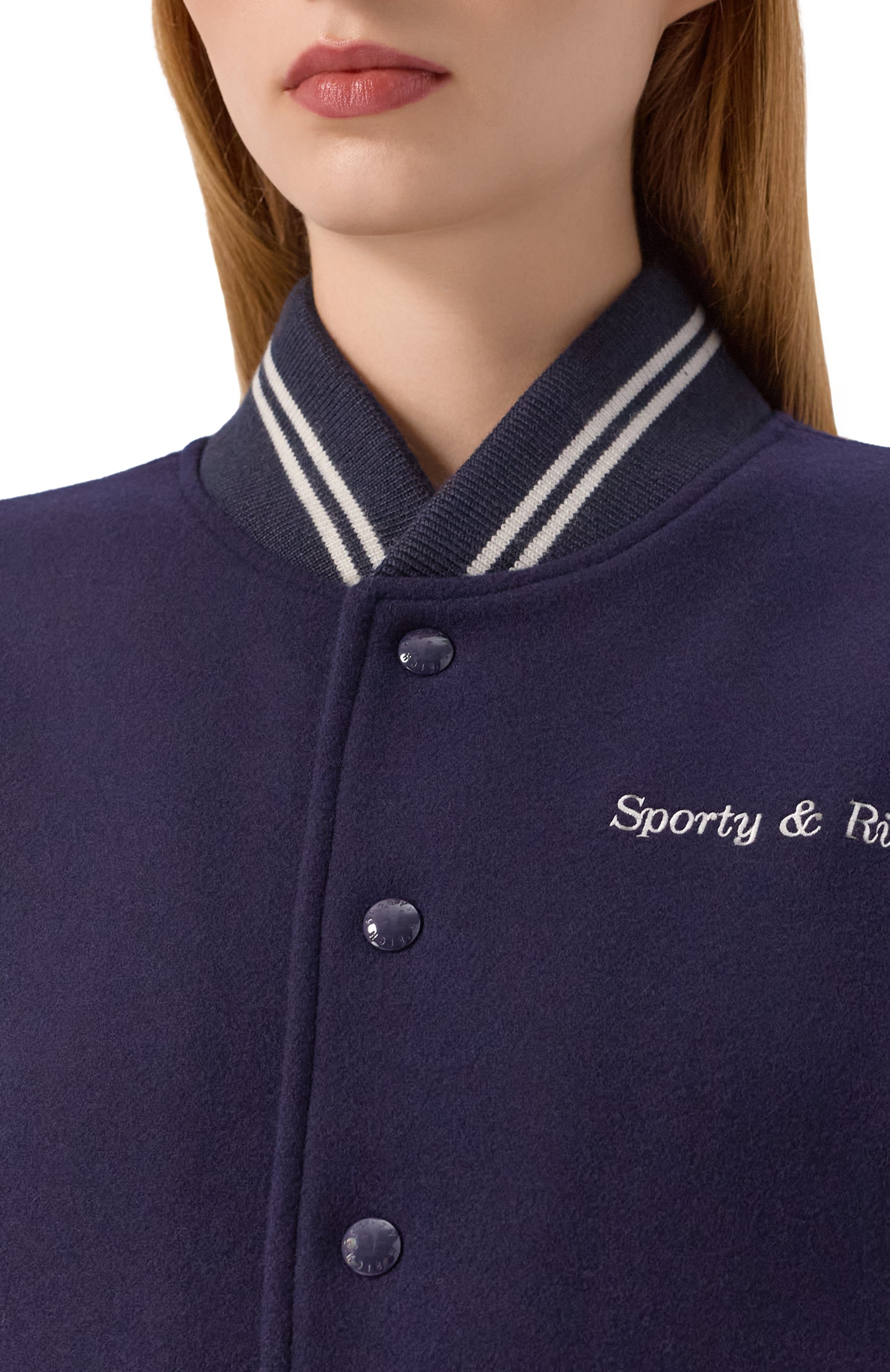 Шерстяной бомбер sporty & rich x hotel du cap-eden-roc SPORTY AND RICH темно-синего цвета по цене 99500 руб., арт. 0W00760666BL106, фото 5 Шерстяной бомбер sporty & rich x hotel du cap-eden-roc SPORTY AND RICH, арт. 0W00760666BL106, фото 5