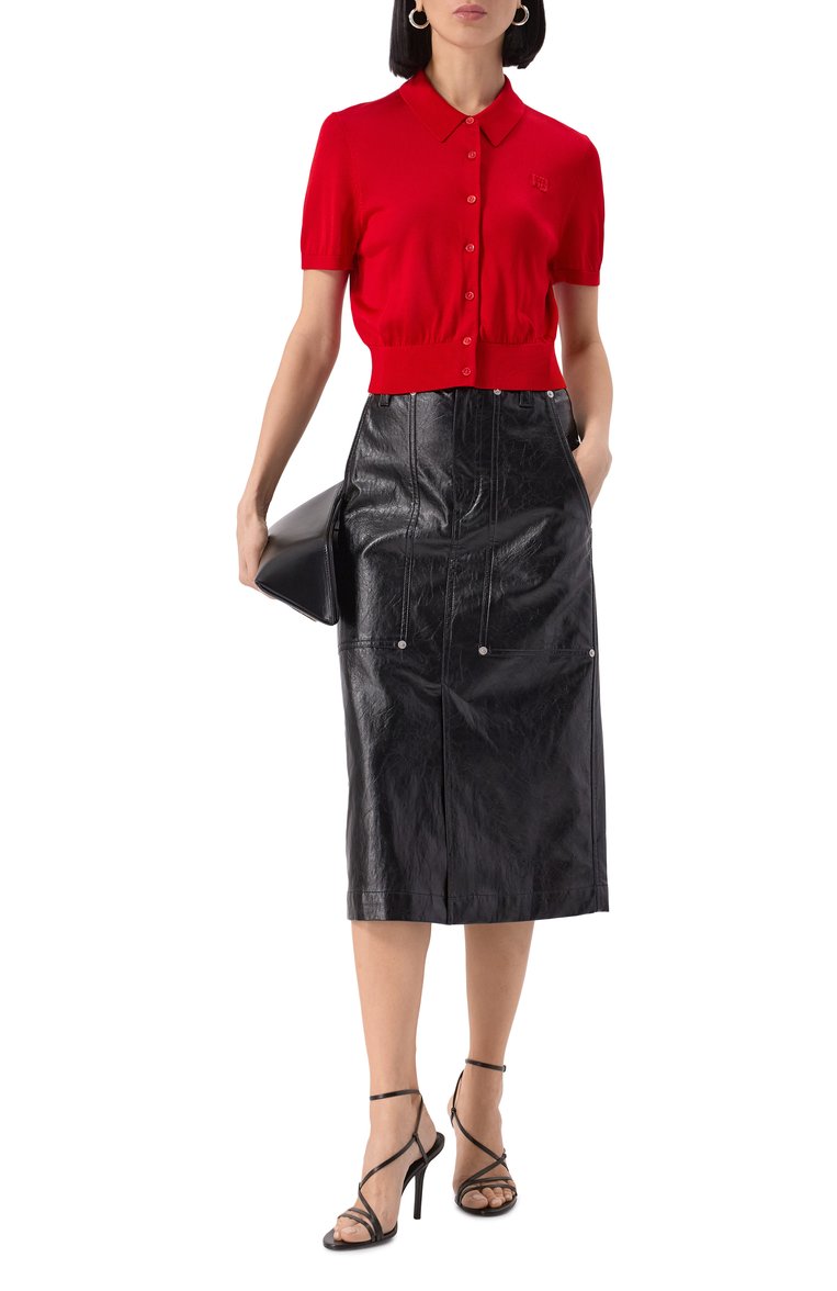 Женский кардиган из вискозы ALEXANDERWANG.T красного цвета, арт. 4KC1253077 | Фото 2 (Длина (для топов): Укороченные; Рукава: Короткие; Материал внешний: Вискоза; Стили: Кэжуэл; Женское Кросс-КТ: кардиган-трикотаж; Застежка: Пуговицы)