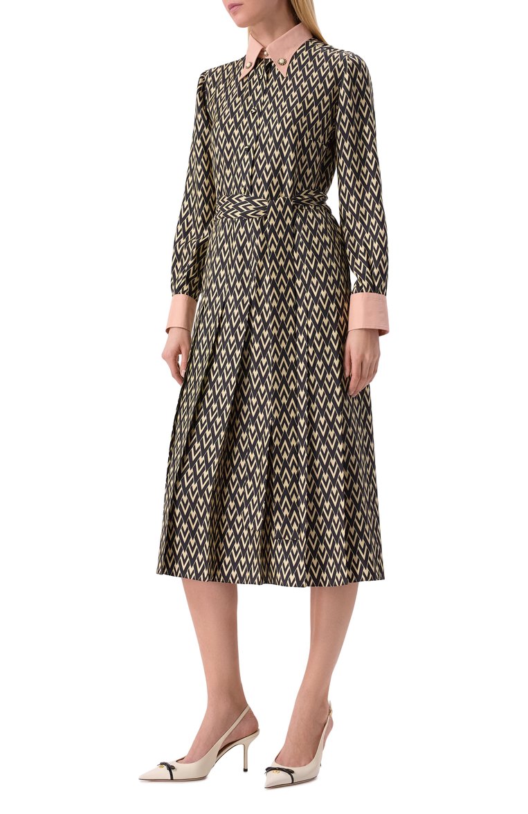 Женское шелковое платье VALENTINO бежевого цвета, арт. 6B3VAEY590R | Фото 3 (Рукава: Длинные; Материал внешний: Шелк; Длина Ж (юбки, платья, шорты): Миди; Случай: Повседневный; Женское Кросс-КТ: Платье-одежда; Стили: Кэжуэл)