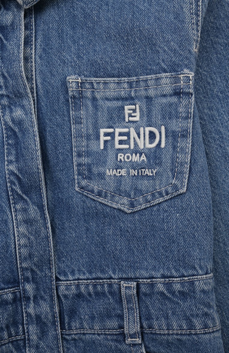 Детское джинсовое платье-рубашка FENDI синего цвета, арт. JFB641/AMHX/8-12+ | Фото 3 (Девочки Кросс-КТ: Платье-одежда; Случай: Повседневный; Рукава: Длинные; Материал внешний: Хлопок, Деним; Автоматизация ТО: Проставлено; Автоматизация состава: Проставлено; Ростовка одежда: 13 - 15 лет | 158 см, 10 - 11 лет | 140 - 146см, 12 лет | 152 см, 8 лет | 128 см)
