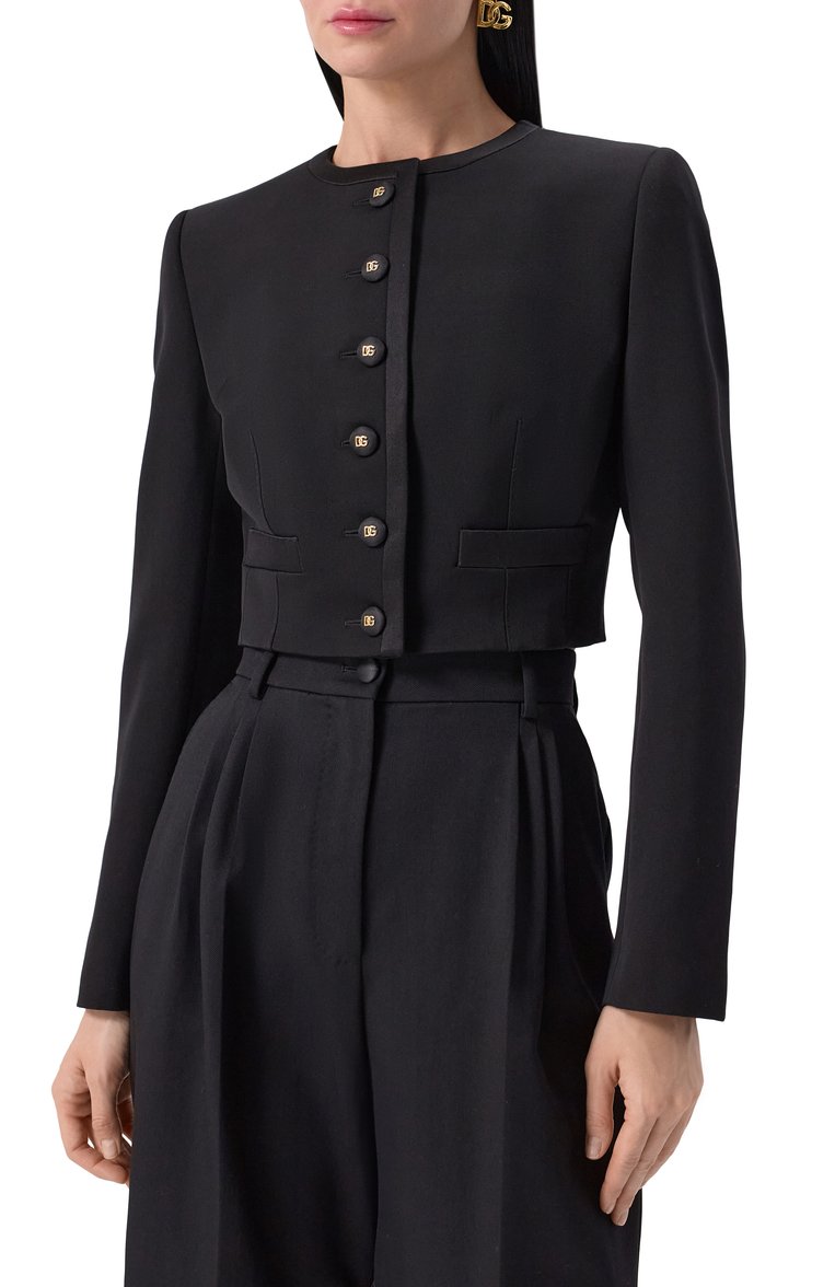 Женский жакет из шерсти и шелка DOLCE & GABBANA черного цвета, арт. F27CPT/FUBGE | Фото 3 (Длина (для топов): Укороченные; Рукава: Длинные; Материал внешний: Шерсть; Кросс-КТ: костюм; 1-2-бортные: Однобортные; Женское Кросс-КТ: Жакет-одежда; Стили: Классический; Автоматизация ТО: Проставлено; Размерность: Идёт в размер; Автоматизация состава: Проставлено)