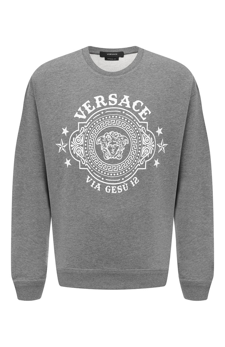 Мужской хлопковый свитшот VERSACE серого цвета, арт. 1010706/1A07766 | Фото 1 (Рукава: Длинные; Длина (для топов): Стандартные; Материал внешний: Хлопок; Мужское Кросс-КТ: свитшот-одежда; Стили: Кэжуэл; Принт: С принтом)