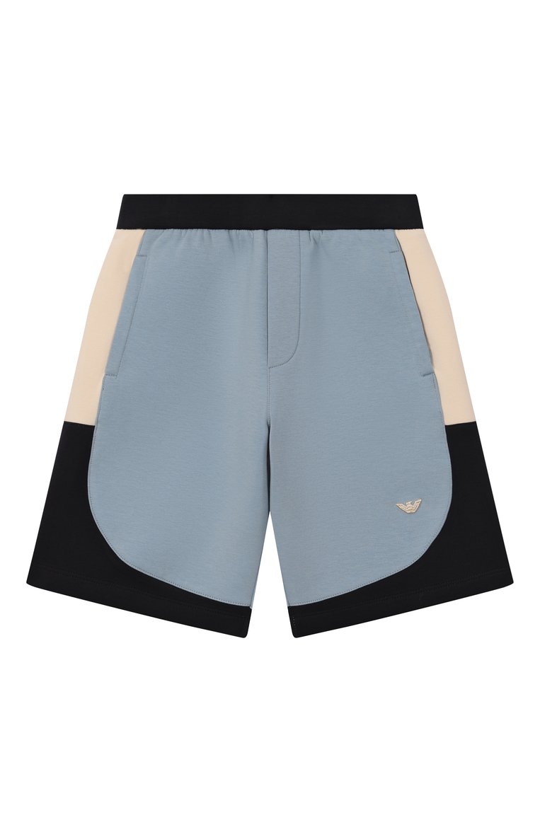 Детские хлопковые шорты EMPORIO ARMANI голубого цвета, арт. EB000135/AF10126 | Фото 1 (Автоматизация состава: Проставлено; Нос: Не проставлено; Материал внешний: Хлопок; Случай: Повседневный; Мальчики Кросс-КТ: Шорты-спорт; Ростовка одежда: 4 года | 104 см, 5 лет | 110 см, 8 лет | 128 см, 7 лет | 122 см, 6 лет | 116 см, 10 - 11 лет | 140 - 146см, 13 - 15 лет | 158 см, 16 лет | 164 см)