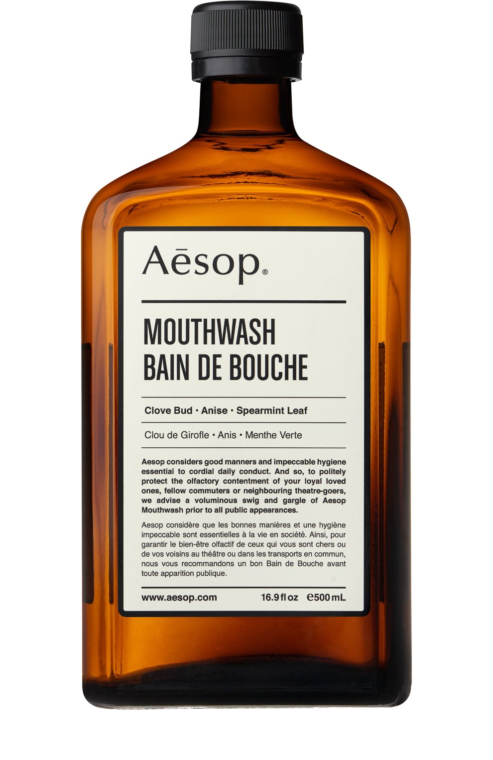 Ополаскиватель для полости рта mouthwash (500ml) AESOP бесцветного цвета по цене 3400 руб., арт. B500BS18, фото 1 Ополаскиватель для полости рта mouthwash (500ml) AESOP, арт. B500BS18, фото 1