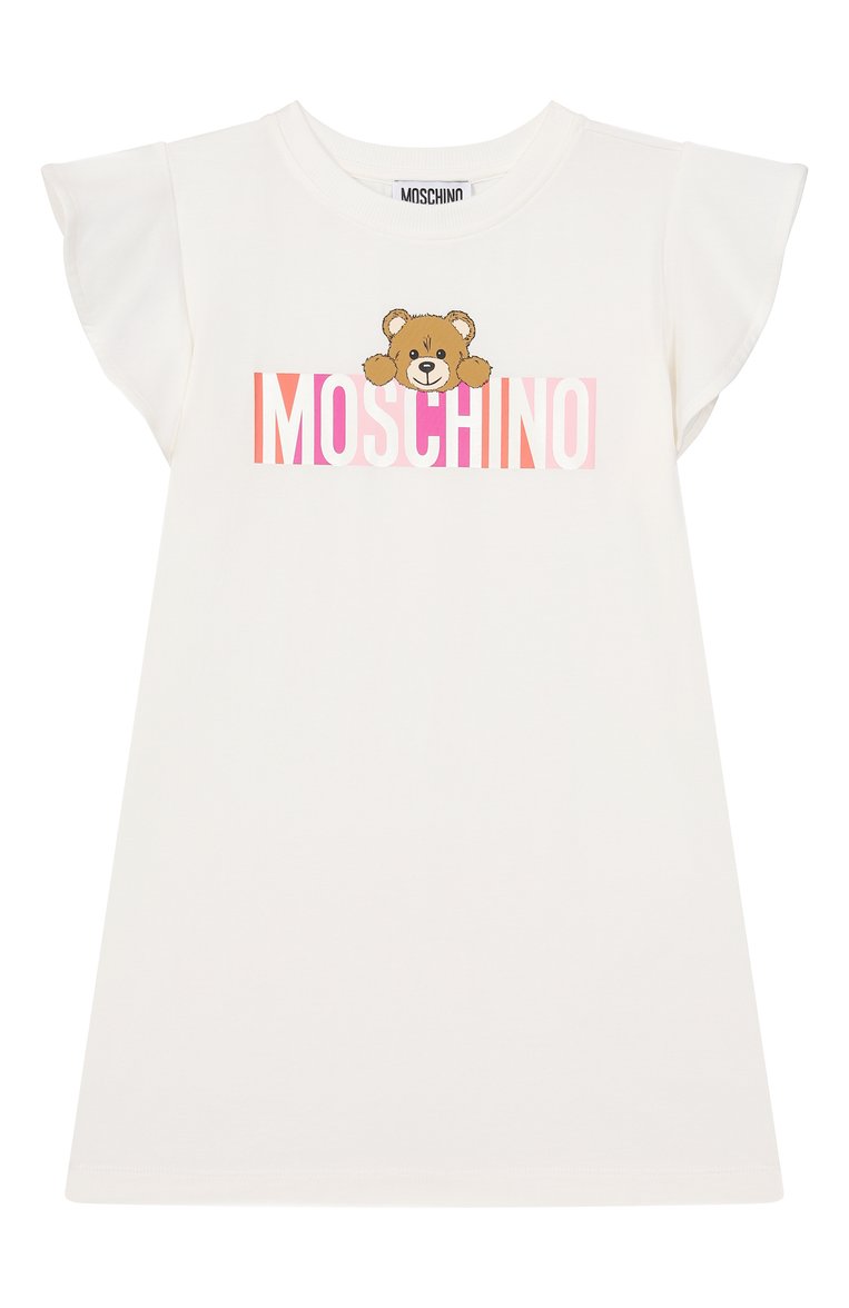 Детское хлопковое платье MOSCHINO молочного цвета, арт. HDV0G8/LBA00/10-14 | Фото 1 (Материал внешний: Хлопок; Рукава: Короткие; Девочки Кросс-КТ: Платье-одежда; Случай: Повседневный; Тематический товар: Teddy Bear; Автоматизация состава: Проставлено; Автоматизация ТО: Проставлено; Ростовка одежда: 10 - 11 лет | 140 - 146см, 12 лет | 152 см, 16 лет | 164 см)