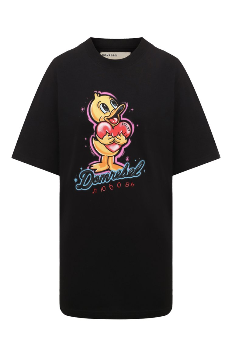 Женская хлопковая футболка DOMREBEL черного цвета, арт. SQUEEZY/T-SHIRT | Фото 1 (Материал сплава: Проставлено; Драгоценные камни: Проставлено; Материал внешний: Хлопок; Рукава: Короткие; Длина (для топов): Удлиненные; Принт: С принтом; Стили: Кэжуэл)