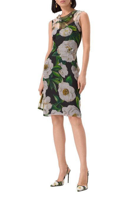 Женское шелковое платье DOLCE & GABBANA черного цвета, арт. F6TLBT/IS1XD | Фото 2 (Драгоценные камни: Проставлено; Длина Ж (юбки, платья, шорты): До колена; Материал сплава: Проставлено; Материал внешний: Шелк)
