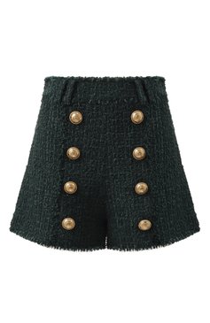 Женские твидовые шорты BALMAIN темно-зеленого цвета, арт. BF1PA313/XF91 | Фото 1 (Материал сплава: Проставлено; Длина Ж (юбки, платья, шорты): Мини; Драгоценные камни: Проставлено; Стили: Классический; Материал внешний: Синтетический материал)