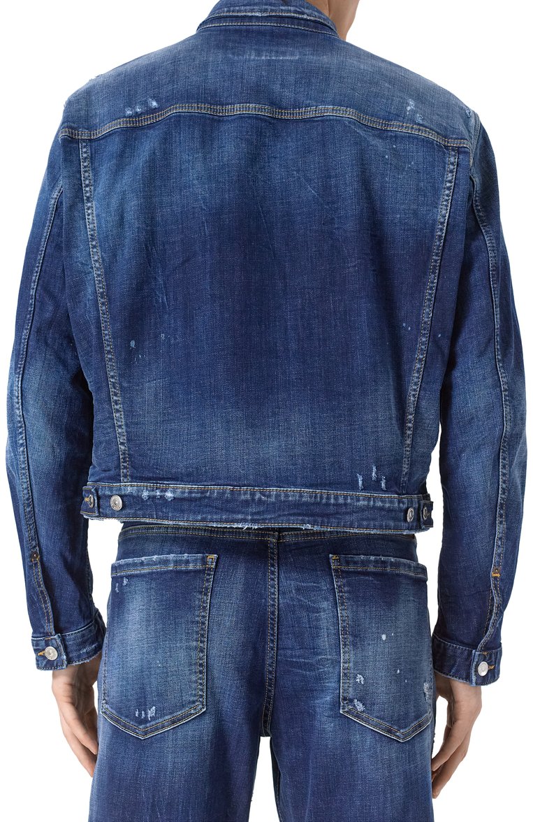 Мужская джинсовая куртка DSQUARED2 синего цвета, арт. S74AM1561/S30664 | Фото 4 (Длина (верхняя одежда): Короткие; Рукава: Длинные; Кросс-КТ: Деним, Легкие; Стили: Кэжуэл; Материал внешний: Деним, Хлопок)
