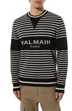 Мужской джемпер из шерсти и льна BALMAIN черно-белого цвета, арт. AH1KD000KD93 | Фото 3 (Мужское Кросс-КТ: Джемперы; Материал внешний: Шерсть, Лен; Рукава: Длинные; Длина (для топов): Стандартные; Стили: Гранж; Принт: С принтом; Материал сплава: Проставлено; Драгоценные камни: Проставлено; Вырез: Круглый)