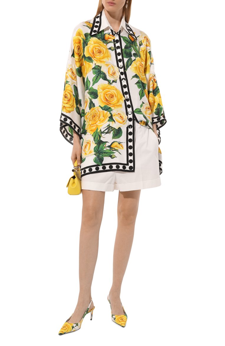 Женская шелковая блузка DOLCE & GABBANA желтого цвета, арт. F5Q42T/GDA9C | Фото 2 (Материал сплава: Проставлено; Материал внешний: Шелк; Рукава: Длинные; Драгоценные камни: Проставлено; Длина (для топов): Удлиненные; Принт: С принтом; Женское Кросс-КТ: Блуза-одежда; Стили: Кэжуэл)