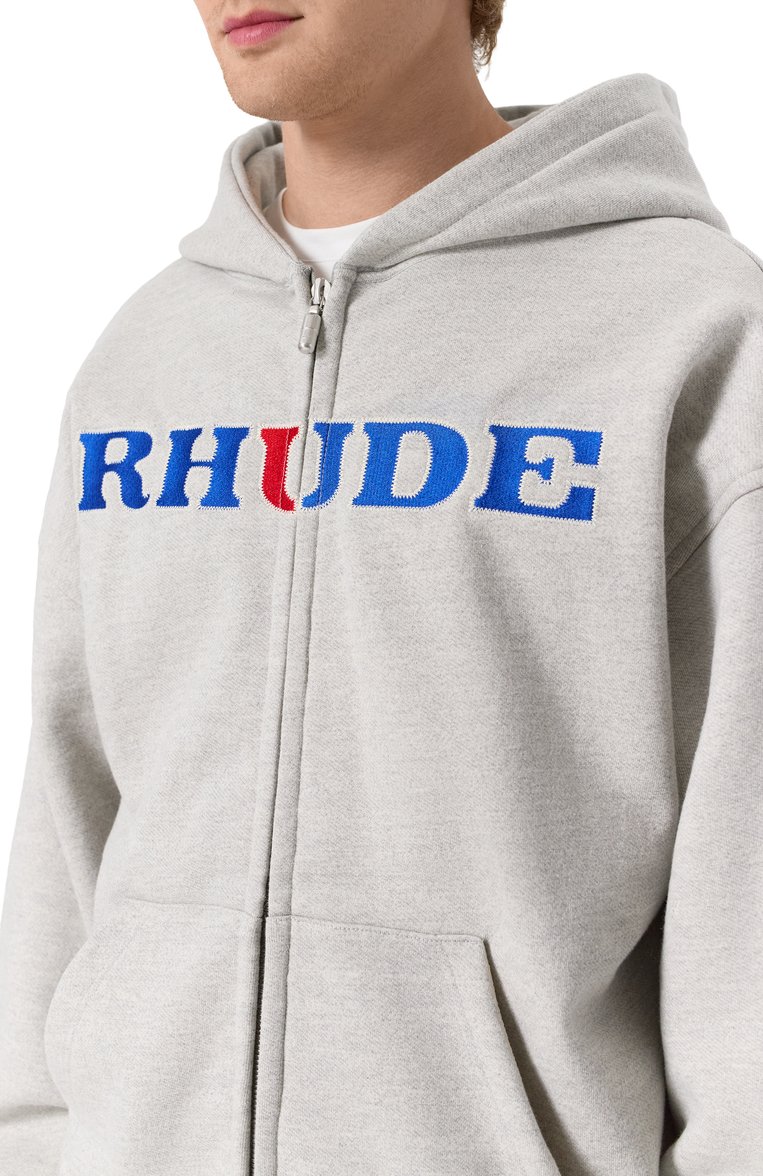 Мужской хлопковая толстовка RHUDE серого цвета, арт. RHFW24H006013 | Фото 5 (Материал сплава: Проставлено; Рукава: Длинные; Длина (для топов): Стандартные; Драгоценные камни: Проставлено; Стили: Кэжуэл; Мужское Кросс-КТ: Толстовка-одежда; Материал внешний: Хлопок)