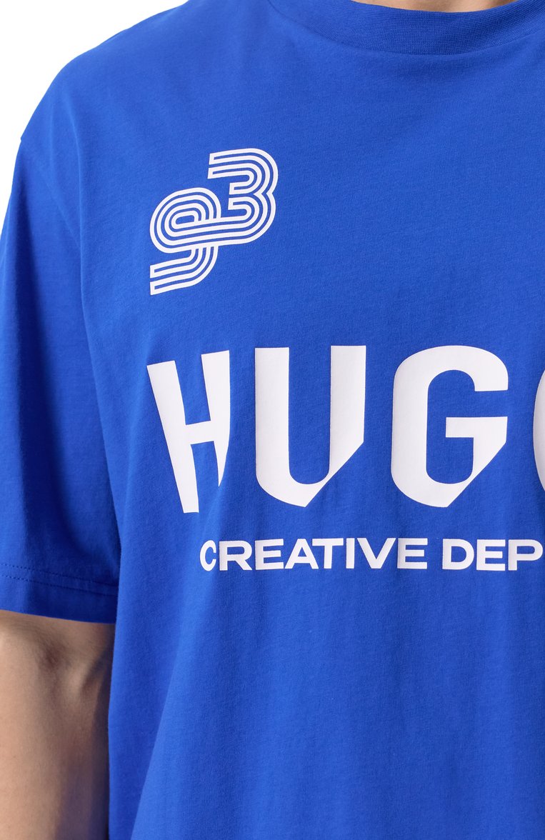Мужская хлопковая футболка HUGO BLUE синего цвета, арт. 50541252 | Фото 5 (Рукава: Короткие; Материал внешний: Хлопок; Длина (для топов): Стандартные; Принт: С принтом; Стили: Кэжуэл; Мужское Кросс-КТ: Футболка-одежда; Кросс-КТ: Джерси)