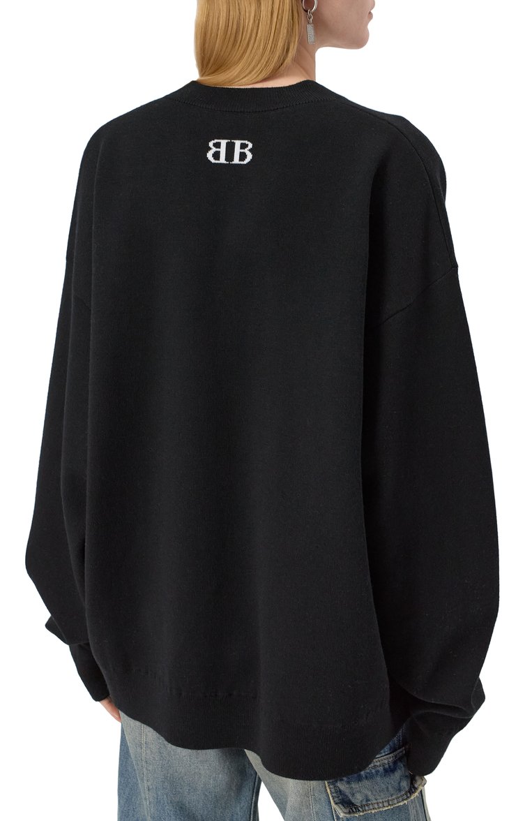 Женский шерстяной свитер BALENCIAGA черного цвета, арт. 818420/T1725 | Фото 4 (Рукава: Длинные; Длина (для топов): Стандартные; Материал внешний: Шерсть; Стили: Гранж; Женское Кросс-КТ: Свитер-одежда)