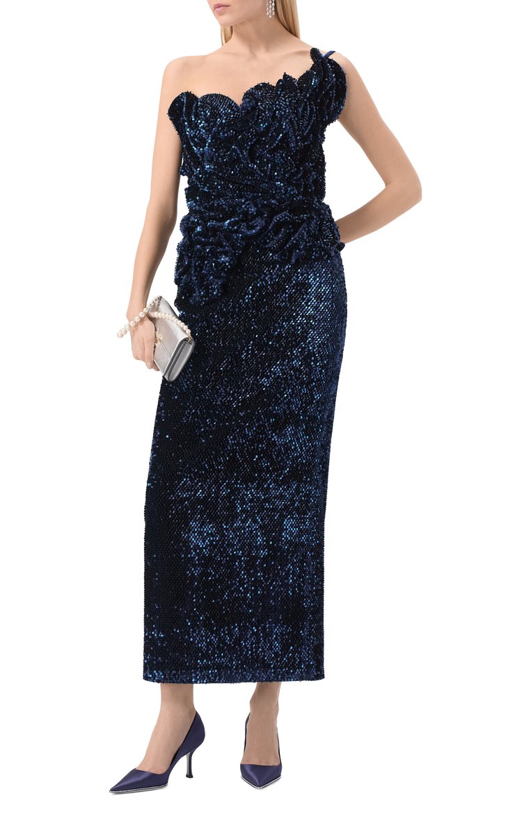 Женское платье с отделкой пайетками SPERANZA COUTURE темно-синего цвета, арт. SC069 | Фото 2 (Материал внешний: Вискоза; Материал подклада: Шелк; Длина Ж (юбки, платья, шорты): Макси; Случай: Вечерний; Женское Кросс-КТ: Платье-одежда, платье-футляр; Стили: Гламурный; Рукава: На бретелях)