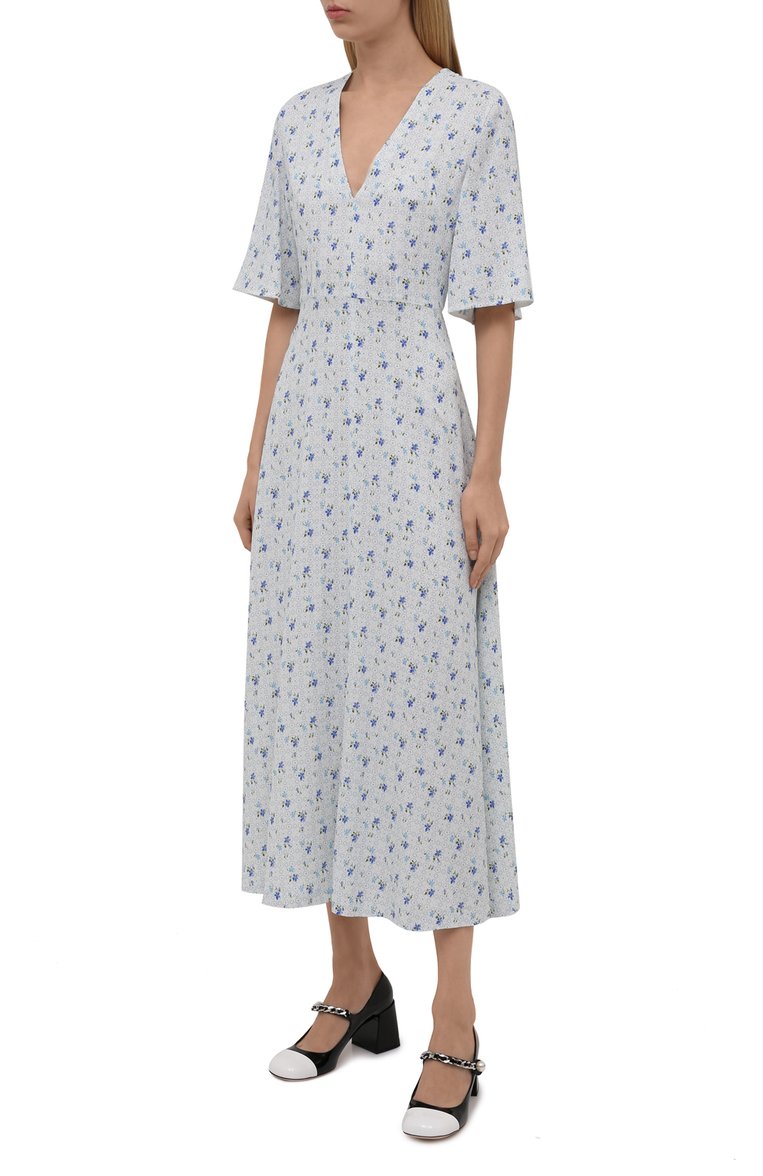 Женское платье из вискозы MIU MIU светло-голубого цвета, арт. MF4438-1Z72-F0M10 | Фото 3 (Материал внешний: Вискоза; Длина Ж (юбки, платья, шорты): Миди; Стили: Романтичный; Случай: Повседневный; Женское Кросс-КТ: Платье-одежда; Рукава: Короткие; Драгоценные камни: Проставлено; Материал сплава: Проставлено)