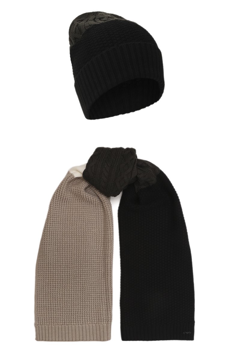 Детский комплект из шапки и шарфа EMPORIO ARMANI черного цвета, арт. 407526/3F488 | Фото 1 (Материал сплава: Проставлено; Материал: Синтетический материал, Текстиль, Шерсть; Нос: Не проставлено)