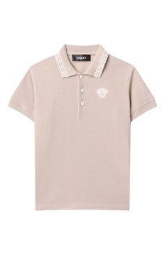 Детское хлопковое поло VERSACE бежевого цвета, арт. 1018495/1A13012 | Фото 1 (Рукава: Короткие; Материал сплава: Проставлено; Драгоценные камни: Проставлено; Материал внешний: Хлопок; Ростовка одежда: 6 лет | 116 см, 16 лет | 164 см, 12 лет | 152 см, 8 лет | 128 см, 10 - 11 лет | 140 - 146см)