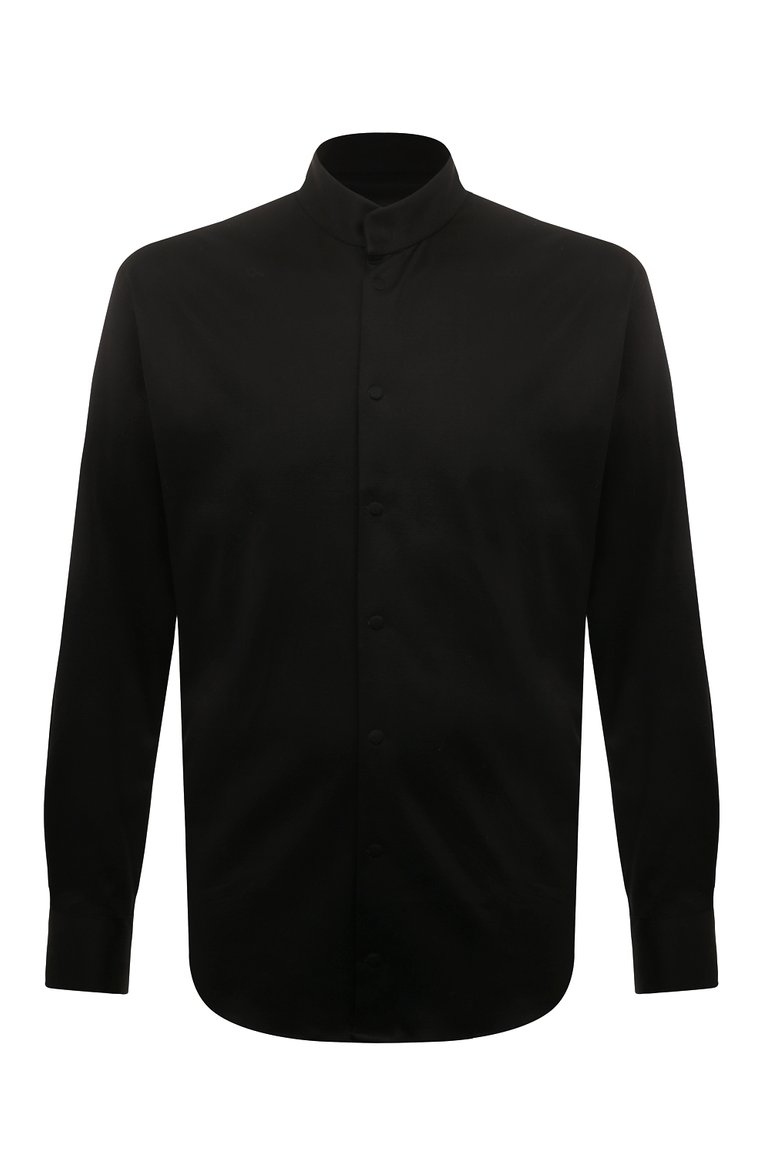 Мужская хлопковая рубашка GIORGIO ARMANI черного цвета, арт. 3WGCC07Y/JZ070 | Фото 1 (Материал внешний: Хлопок; Длина (для топов): Стандартные; Рукава: Длинные; Рубашки М: Regular Fit; Случай: Повседневный; Манжеты: На кнопках; Принт: Однотонные; Стили: Кэжуэл, Минимализм; Автоматизация ТО: Проставлено; Автоматизация состава: Проставлено; Детали: Без декора; Воротник: Стойка)