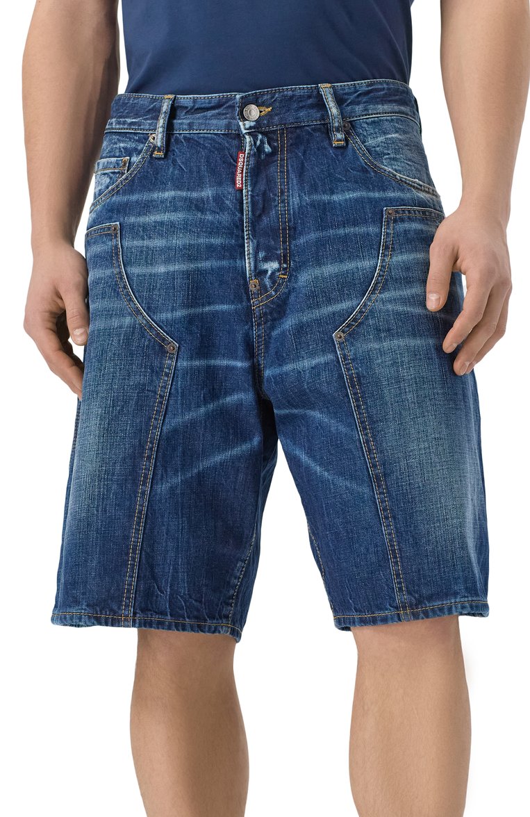 Мужские джинсовые шорты DSQUARED2 темно-синего цвета, арт. S74MU0872/S30309 | Фото 3 (Длина Шорты М: Ниже колена; Материал внешний: Хлопок, Деним; Принт: Без принта; Стили: Кэжуэл; Случай: Повседневный; Детали: Без декора; Автоматизация состава: Проставлено; Автоматизация ТО: Проставлено)